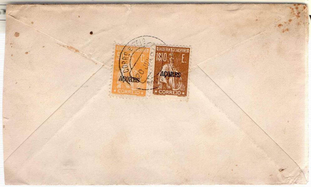 1045 v.jpg -     Lote:    1045 (verso)            Açores       Descrição:         192&frac12;4 &mdash; Ceres. Selos do Continente, com sobrecarga AÇORES. Sobrescrito circulado de Ponta Delgada (20.06.24) para os EUA, com selos de 50c e 1$10 CE184 e 189.        Carta       Valor Base:     &euro; 15,00     Valor Venda:     &euro; 18,00     